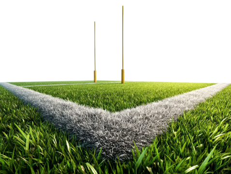 PNG of Close-up view of a rugby field with goal posts, featuring lush green grass and white chalk markings.