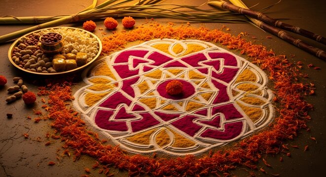 Traditional colorful rangoli pattern with festive offerings, sugarcane, and marigold petals on a dark surface for Indian harvest festival concept and celebration