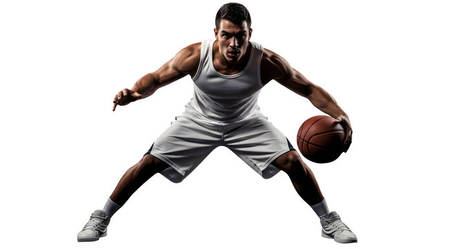 Athletic man dribbling a basketball in a dynamic pose, capturing the intensity of the game