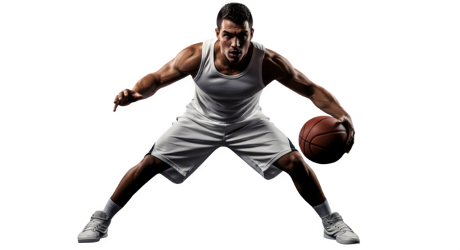 Athletic man dribbling a basketball in a dynamic pose, capturing the intensity of the game