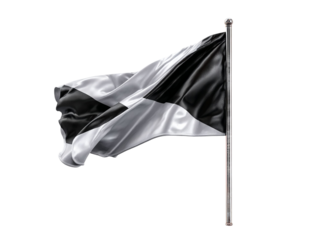 PNG of A black and white flag waving gracefully on a silver pole, symbolizing unity and strength.