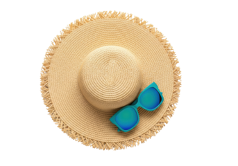 photorealistic flat lay of a premium raffia sun hat with a frayed brim and oversized retro teal mirrored sunglasses on a pure white background. concept of summer vacation luxury