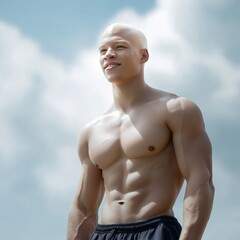 Fit african male adult smiling outdoors under blue sky