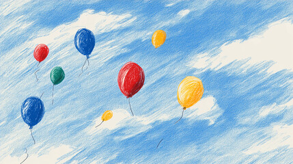 Childlike sketch of balloons floating in the sky in bright red, blue, yellow, and green