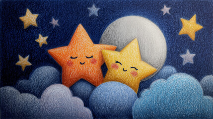 Cute colored-pencil drawing of smiling stars and moon in a dark blue childlike sky