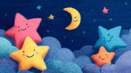 Cute colored-pencil drawing of smiling stars and moon in a dark blue childlike sky