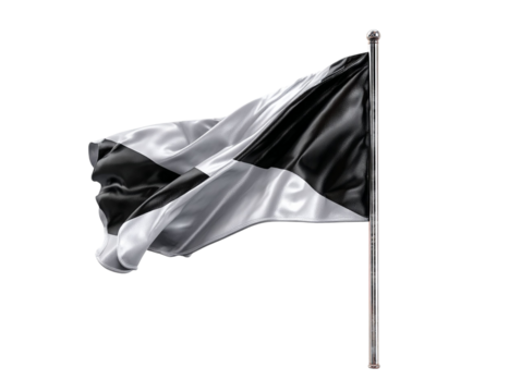 PNG of A black and white flag waving gracefully on a silver pole, symbolizing unity and strength.