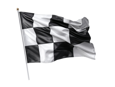 PNG of A waving checkered flag in black and white, symbolizing the end of a race and victory.