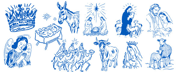 Obraz premium Traditional sketch illustrations of the christian nativity story and religious figures