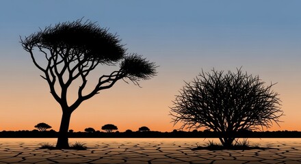 Silhouetted acacia trees against a vibrant african sunset sky
