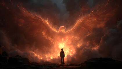 Phoenix rises from ashes. Person watching reborn bird. Concept of rebirth, transformation, hope. Rising after failure. Overcoming adversity. Man looking at mythical creature. Strength, freedom