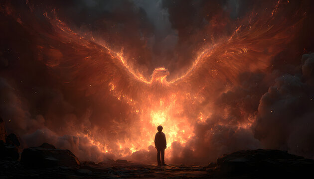 Phoenix rises from ashes. Person watching reborn bird. Concept of rebirth, transformation, hope. Rising after failure. Overcoming adversity. Man looking at mythical creature. Strength, freedom