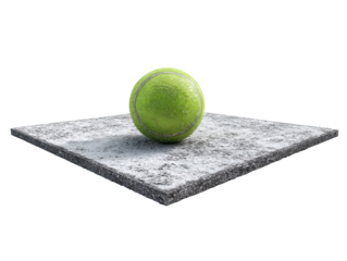 PNG of A vibrant green tennis ball resting on a textured concrete surface, showcasing dynamic colors and details.
