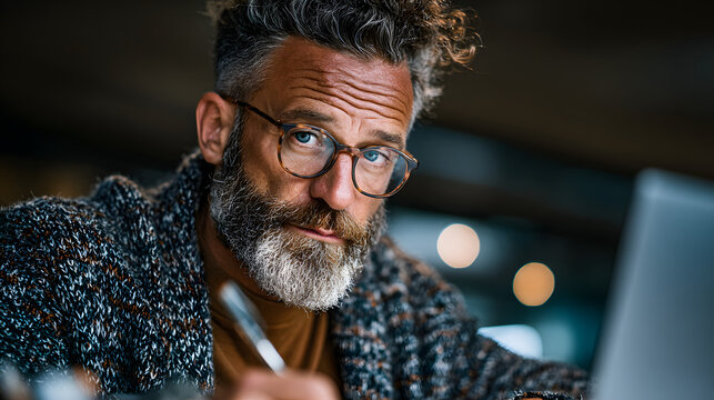 Mature business man executive manager looking at laptop computer watching online webinar training or having virtual meeting video conference taking notes, doing market research working in office., no - Powered by Adobe