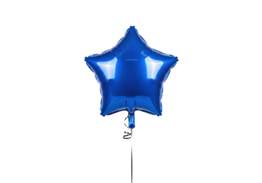a close-up, photorealistic image of a perfect, glossy, cobalt blue, star-shaped latex balloon with a black coiled ribbon, floating against a pristine white studio background. birthday celebration