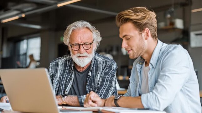 An elderly professor and a young student collaborate over a laptop, working on a scientific project that represents knowledge transfer and professional development.