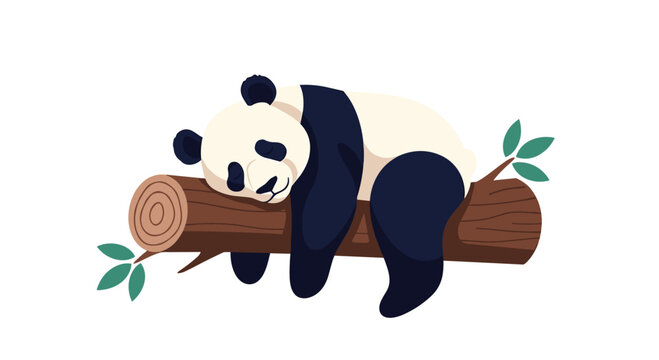 An adorable cartoon giant panda bear sleeping peacefully on a large tree log with a few green leaves isolated on a white background.