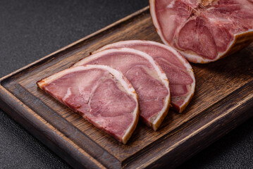 A meat roll made from pork or beef tongue slices with spices. Tongue roll