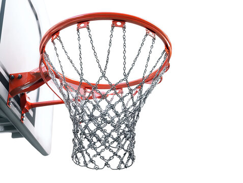 PNG of Close-up of a vibrant red basketball hoop with a silver net against a clear background.