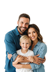 Fototapeta premium young caucasian parents (denim shirts) embracing their blonde toddler, all smiling warmly, centered in a stark white high-key studio with extensive copy space. concept of modern family love and