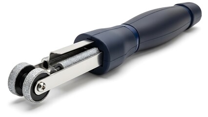 Fototapeta premium A professional studio close-up of a handheld manual ice skate sharpener tool isolated on a clean white background.