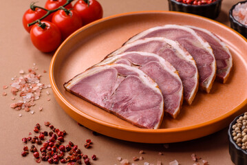 A meat roll made from pork or beef tongue slices with spices. Tongue roll