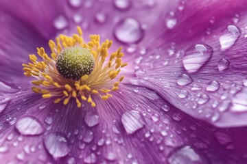 Fototapeta premium Macro shot of colorful flower pollen texture with shimmering water droplets