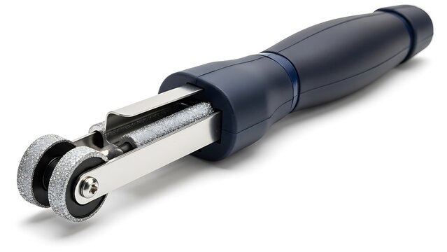 A professional studio close-up of a handheld manual ice skate sharpener tool isolated on a clean white background.