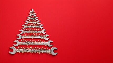 Creative holiday decoration made from wrenches arranged in a Christmas tree shape on a bright red background banner
