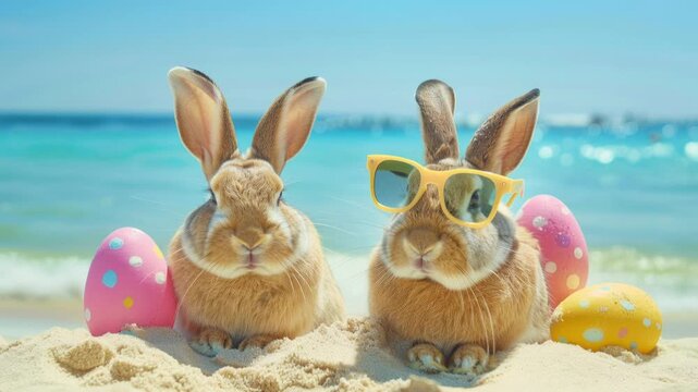two cute Easter bunnies on vacation by beach coast.