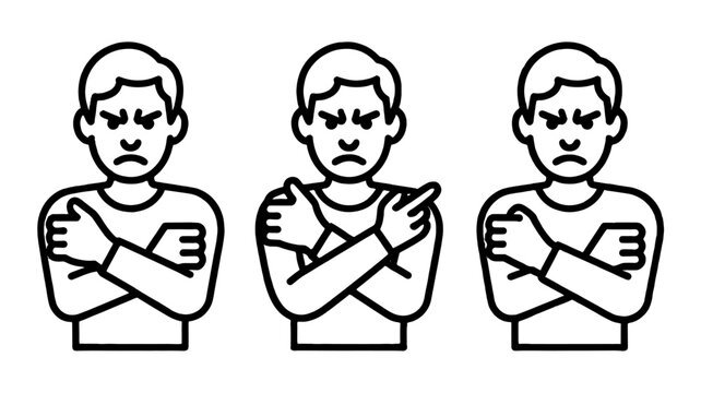 Three angry men with crossed arms in a monochrome line illustration.