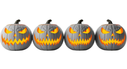 four menacing, ghostly white jack-o'-lanterns, intricately carved and dramatically lit with warm internal glow, isolated on a high-key studio white background with copy space. high-end halloween