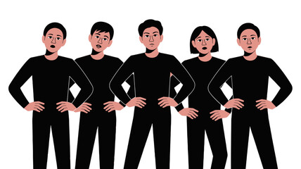 Five performers expressing amazement, poised with hands on their hips, creating a captivating and intriguing scene.