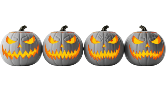four menacing, ghostly white jack-o'-lanterns, intricately carved and dramatically lit with warm internal glow, isolated on a high-key studio white background with copy space. high-end halloween