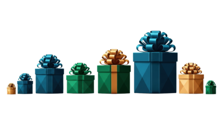 Flat design vector of aligned geometric luxury jewel tone gift boxes with decorative satin ribbon bows, against a pure white background with large copy space. Concept for premium holiday marketing