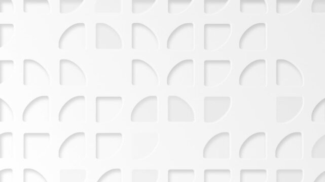 Minimalist white abstract background with an elegant pattern of quarter circle quadrant cutout shapes. This clean modern design is full HD and a seamless loop.