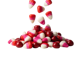 Photorealistic macro close-up of glossy, irregular cupid corn candy (red, pink, white) suspended mid-air, falling onto a pile on a reflective white background. Concept for food photography