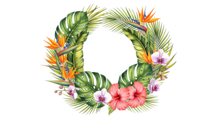 Watercolor tropical wreath with exotic flowers isolated on transparent background