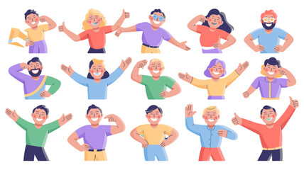 Collection of stylized illustrations showing various happy expressions and poses of different people.