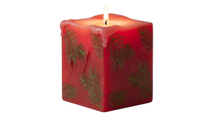 Burning red cube candle with golden pattern isolated on transparent background