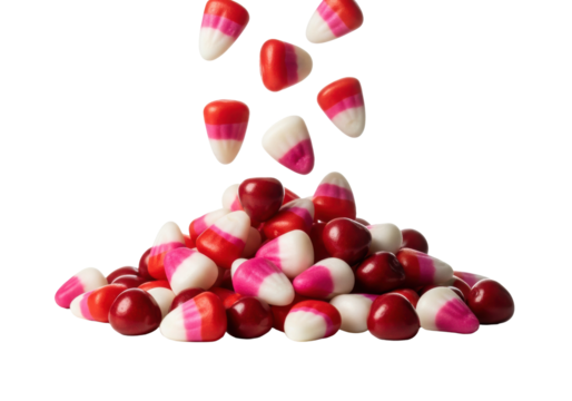 Photorealistic macro close-up of glossy, irregular cupid corn candy (red, pink, white) suspended mid-air, falling onto a pile on a reflective white background. Concept for food photography