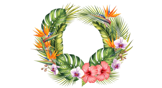 Watercolor tropical wreath with exotic flowers isolated on transparent background