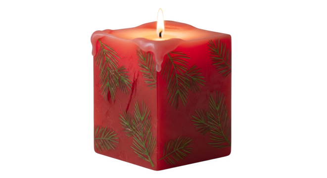 Burning red cube candle with golden pattern isolated on transparent background