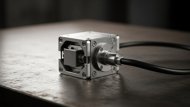Industrial load cell weighing sensor module on dark metal surface, macro engineering shot