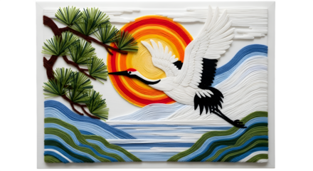 Paper quilling artwork of a crane flying over water isolated on transparent background