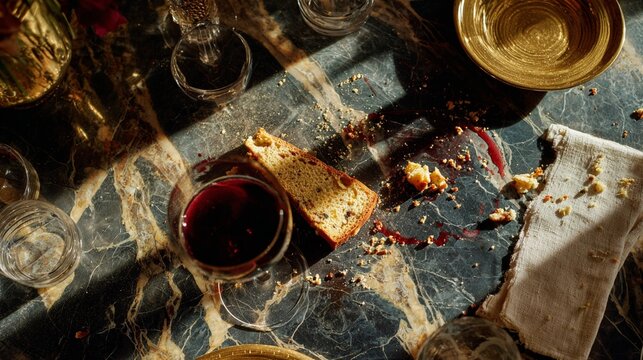 Dinner aftermath with wine and bread