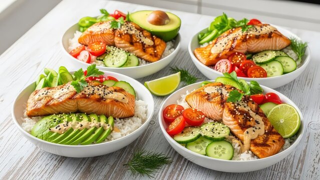 Four delicious salmon bowls with fresh vegetables and avocado