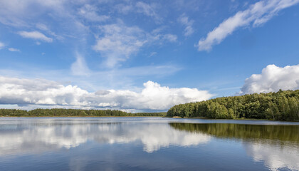 Calm lake with a blue sky in the background