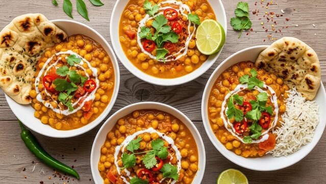 Delicious indian chana masala served with naan and rice