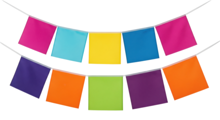 two slightly curved rows of colorful, textured rectangular party bunting flags isolated on a brilliant white high-key studio background with copy space. concept of vibrant celebration